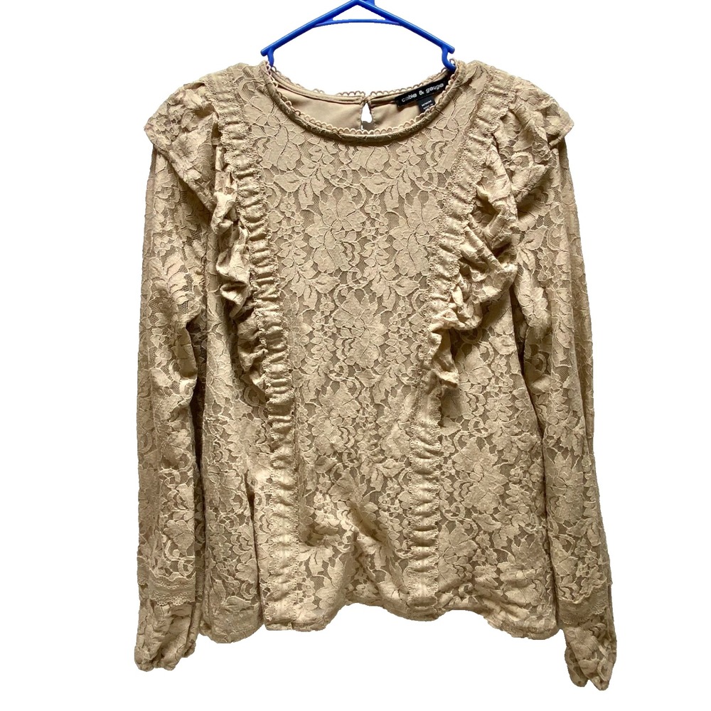 Cable & Gauge Long Sleeve Blouse Women's Medium Golden Tan Lace Lined Stretch GC